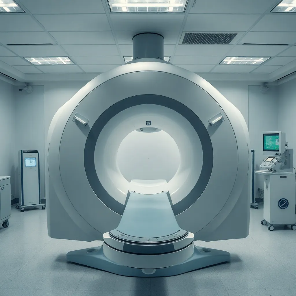 CT scan machine in a modern hospital room, focus on the circ