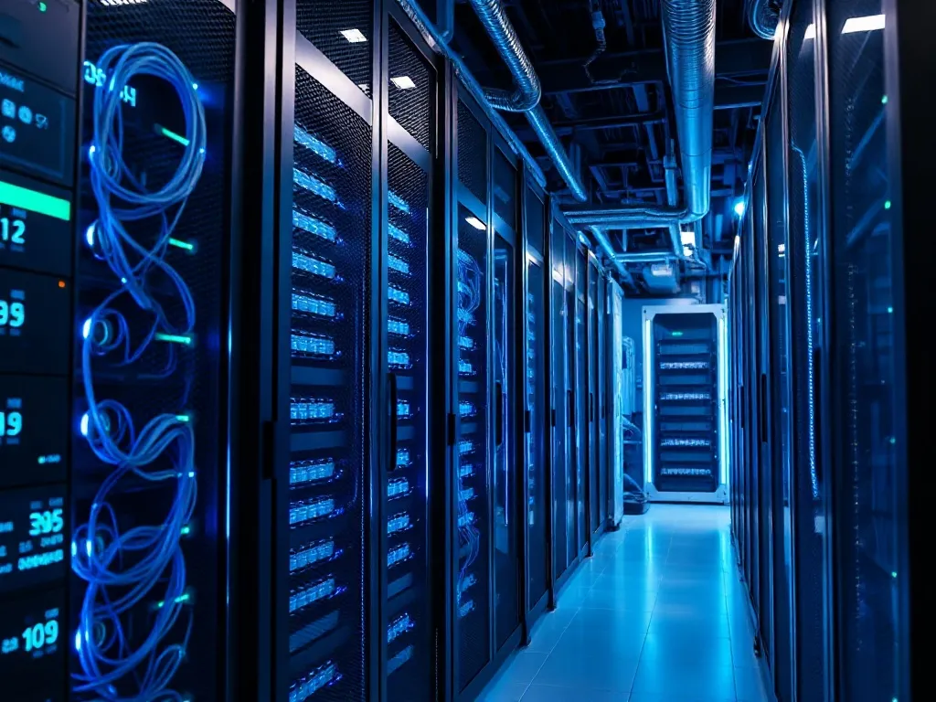 High-tech server room with glowing blue data cables and rack