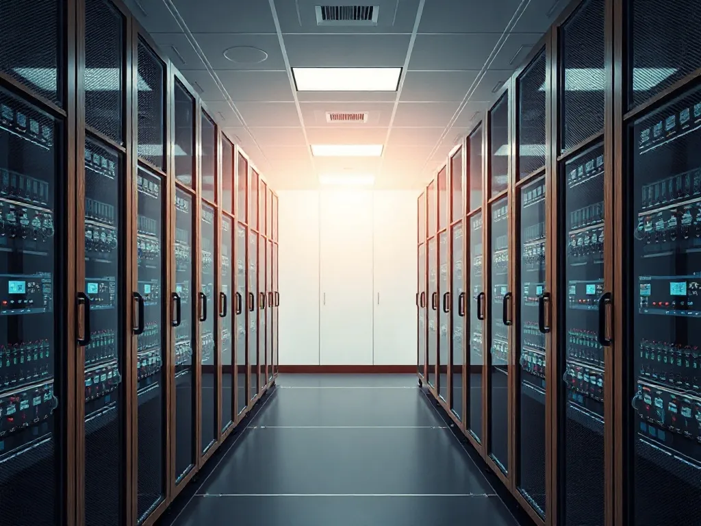 A high-tech medical server room with clean lines, graphite a