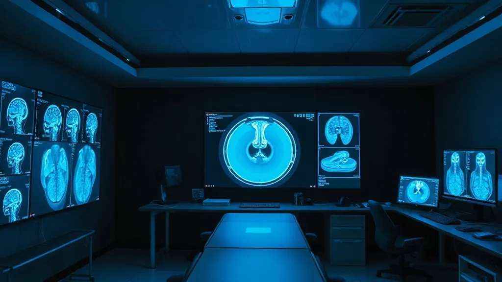High-tech medical imaging workstation, dark room, glowing bl