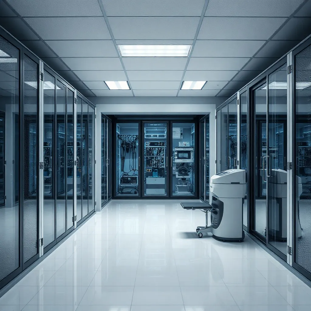 High-tech laboratory server room with clean lines, minimalis