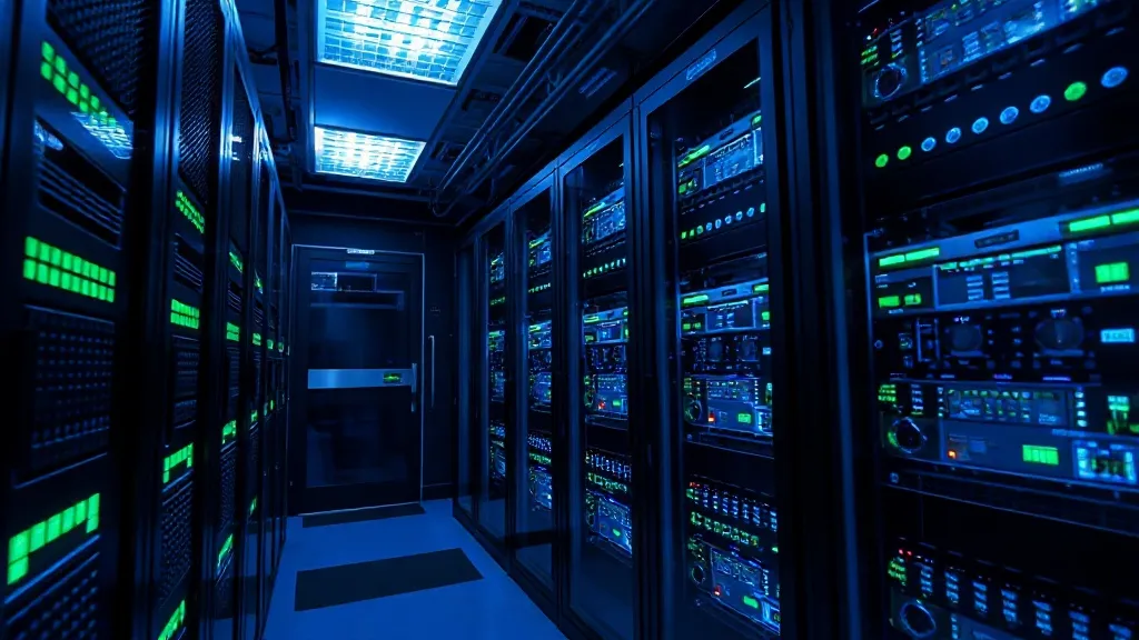 High-tech server room with glowing blue and green led lights